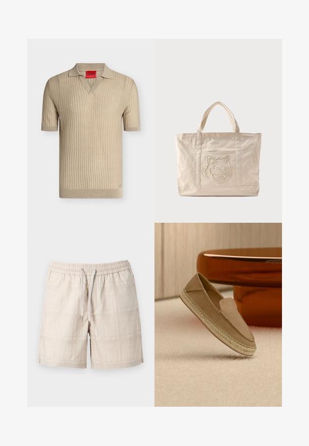 Polo en maille beige à manches courtes avec texture côtelée et col en V, avec une étiquette rouge portant le nom de la marque "HUGO" à l'intérieur du col.; Shorts beige pour homme avec taille élastique, fermeture à cordon, poches latérales et motif à carreaux subtil.; Chaussure beige sans lacets avec tige texturée et semelle tissée, positionnée debout sur un sol recouvert de moquette claire à côté d'une table circulaire marron brillante.; Sac fourre-tout en toile beige avec doubles anses et un motif en relief de tête de loup sur la poche avant.