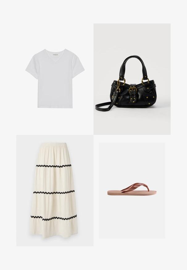 Camiseta blanca de manga corta y cuello en V, hecha de tela acanalada. Presenta un diseño limpio con un dobladillo recto y un detalle mínimo.; Falda larga hasta el tobillo en tejido crema con ribetes ondulados en negro. Presenta una cinturilla elástica para mayor comodidad y una caída ligera y fluida.; Chancla de goma rosa única con plantilla texturizada y correa ancha en forma de Y sobre fondo blanco liso.; Bolso de cuero negro con hebilla y detalles de remaches dorados, asas cortas y una correa de hombro ajustable sobre un fondo blanco liso.
