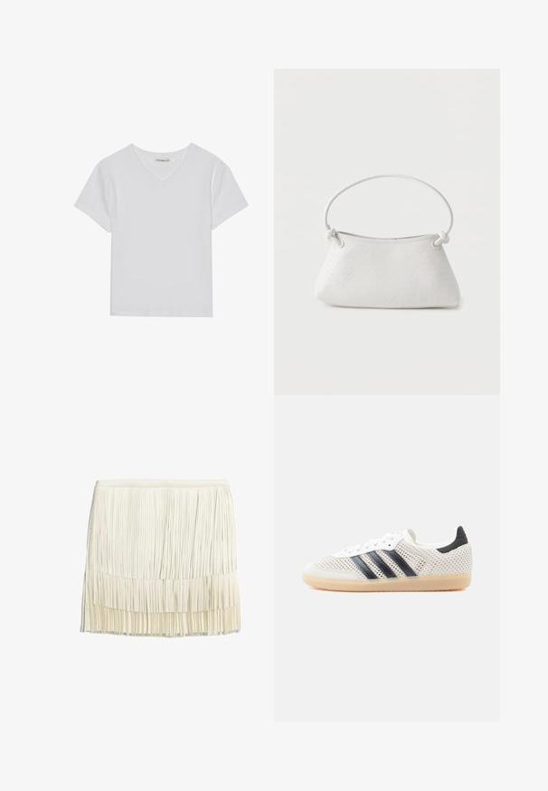 Camiseta blanca de manga corta y cuello en V, hecha de tela acanalada. Presenta un diseño limpio con un dobladillo recto y un detalle mínimo.; Falda de flecos en crema, confeccionada con tiras de tela en capas. Presenta una cintura ajustada y un diseño texturizado en tiers con flecos verticales.; Zapatillas deportivas de malla blanca con diseño de tres franjas negras, punta redondeada y suela de goma color café. Cuentan con un cuello de talón suave y cierre de cordones.; Bolso de mano de cuero blanco tejido con asa redondeada y extremos de la correa anudados, exhibido sobre un fondo liso.