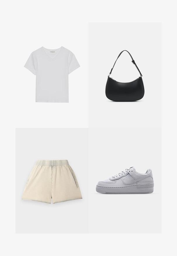Camiseta blanca de manga corta y cuello en V, hecha de tela acanalada. Presenta un diseño limpio con un dobladillo recto y un detalle mínimo.; Pantalones cortos de algodón color beige claro con cintura elástica, dos bolsillos laterales y un corte holgado. La tela tiene una textura suave y una forma relajada.; Zapatilla Nike Air Force 1 gris con puntera perforada, parte superior de cuero suave, suela gruesa y detalle en relieve 'AIR' en el talón.; Pieces PCALUANA SHOULDER BAG - Bolso de mano - black