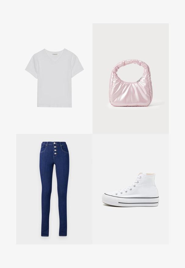 T-shirt blanc à manches courtes en V, en tissu côtelé. Présente un design épuré avec un ourlet droit et un minimum de détails.; Jean skinny en denim bleu foncé, avec une taille haute, un zip à boutons avec cinq boutons en argent, et des poches arrière minimalistes.; Baskets montantes blanches en toile, semelle en caoutchouc noir et bande noire contrastante sur la semelle intermédiaire. Bout rond et design à lacets.; Sac à main rose rembourré avec un design arrondi, fabriqué à partir d'un matériau brillant. Dispose d'une poignée froncée et d'une fermeture éclair pour un accès sécurisé.