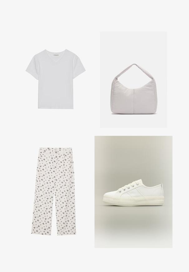 Hvid kortærmet V-hals t-shirt lavet af ribbet stof. Har et rent design med en lige kant og minimal detaljer.; Hvide stofbukser med et lille sort blomstermønster, vide ben, og standard talje med forlommer.; Hvid lavtop sneaker med tyk ribbet sål, snørelukning foran og trækflap på hælen mod en neutral baggrund.; Lys grå polstret skuldertaske med en buet form, der har en enkelt håndtag og en glat, textured overflade. Simpelt design uden yderligere hardware.