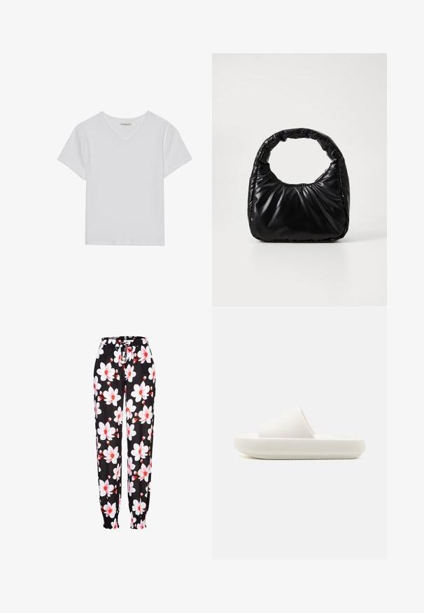 Camiseta blanca de manga corta y cuello en V, hecha de tela acanalada. Presenta un diseño limpio con un dobladillo recto y un detalle mínimo.; Pantalones de tela negra con patrón floral en blanco y rojo, con cintura elástica y cordón ajustable, y puños fruncidos. Material ligero.; Chancla blanca con una tira texturizada y una suela elevada y redondeada. El material parece suave y duradero, con un patrón sutil.; Bolso negro acolchado con un asa redondeada, que presenta una superficie lisa y brillante y una textura suave y acolchada. Sin herrajes ni acentos visibles.