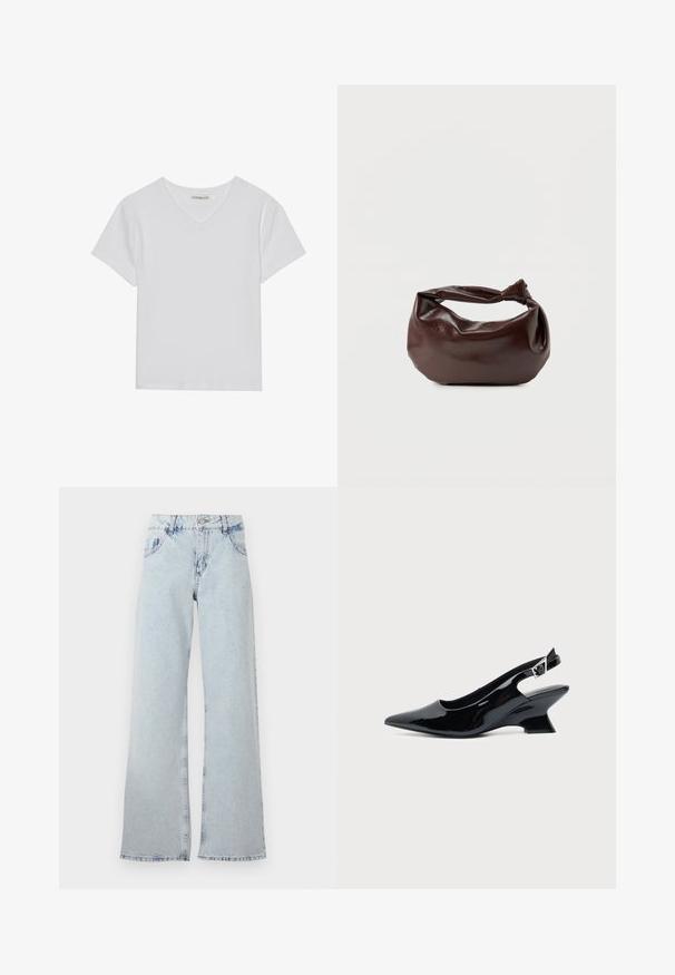 Witte T-shirt met korte mouwen en V-hals, gemaakt van ribbelstof. Heeft een strakke ontwerp met een rechte zoom en minimale details.; Lichtblauwe wijde jeans van denim, met een hoge taille, riemlussen, vijf zakken en vervaagde gebieden voor een vintage uitstraling.; Zwarte lakleren slingback schoen met spitse neus en lage schuine blokhak op een effen lichte achtergrond.; Donkerbruine leren schoudertas met een zachte, slungelige vorm en een gedraaide knoopvormige handgreep op een effen witte achtergrond.