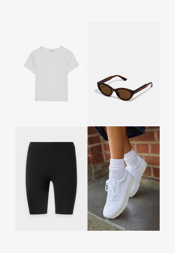 Valge lühikeste varrukatega V-kaelusega T-särk, mis on valmistatud ribakudumist. Omab puhtat disaini sirge alläärega ja minimaalsete detailidega.; Mustad, põlvi katvad leggings, mis on valmistatud elastsemast kangast. Omavad sujuvat tekstuuri ning laia elastset vöökohta mugavuseks ja sobivuseks.; Valged kanvas tennisikud kummitaldadega, kuue silmaga, ümmarguse varbaga ja kergete tikandite detailidega, koos valgete pahkluusokkidega.; Pruunid kilpkonnamustriga päikeseprillid, mille vintage-kassikujuline kuju ja pruunid läätsed. Omavad kaardus varsi punaste aktsentidega.