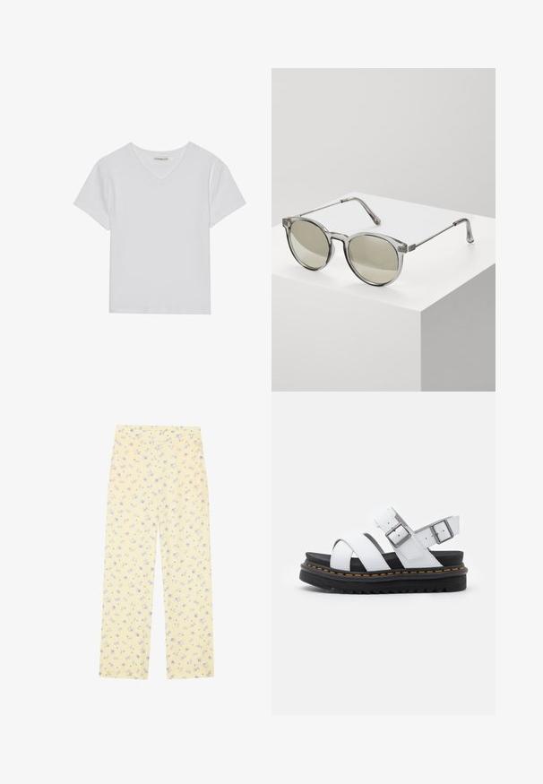 Camiseta blanca de manga corta y cuello en V, hecha de tela acanalada. Presenta un diseño limpio con un dobladillo recto y un detalle mínimo.; Pantalones de pierna ancha amarillos claros con un patrón floral en azul. Cintura elástica, textura suave y corte recto diseñado para la comodidad.; Sandalias de cuero blancas con correas ajustables con hebilla, suela de plataforma negra en capas y detalle de costura naranja a lo largo del borde.; Gafas de sol redondas con montura transparente gris y lentes tintados en gris. Detalles metálicos en las varillas y brazos curvados para mayor estabilidad.