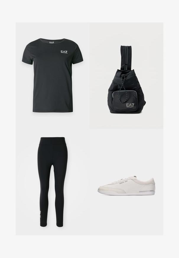 Sort t-shirt med korte ærmer lavet af glat stof, med rund halsudskæring og et lille hvidt EA7-logo på brystet.; Sorte leggings lavet af strækbart stof, med en høj talje og et lille trykt logo på det ene ben. Glat tekstur, tætsiddende design.; Lavprofil hvid og beige snøresneakers med glat læder og ruskindsdetaljer, med en lille Michael Kors-logo på siden.; Sort Emporio Armani EA7 skuldertaske med lynlåslomme foran og justerbar enkeltrem på hvid baggrund.