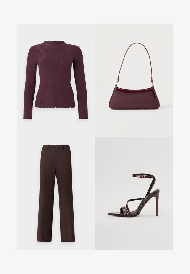 Haut à manches longues en maille côtelée prune foncée avec un col rond légèrement froncé et un ourlet, silhouette ajustée.; Pantalon marron à jambes larges avec une texture lisse, doté d'une fermeture à boutons, de poches avant et d'une coupe ajustée sans motifs visibles.; Sandale à talons hauts en cuir verni bourgogne avec une bride de cheville, bout pointu et trois bandes horizontales sur le pied. Détail de boucle dorée.; Sac à main brillant bordeaux foncé avec une anse fine unique et une forme trapézoïdale élégante sur un fond clair uni.