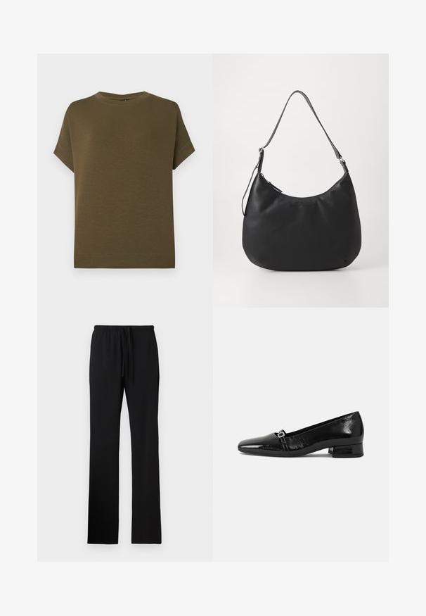 Camiseta de manga corta en verde oliva hecha de una tela suave y texturizada. Presenta un escote redondo y un dobladillo recto sin adornos.; Pantalones con cintura elástica negra y cordón, con una textura suave y piernas rectas de longitud completa sin bolsillos.; Bailarinas de charol negro con punta afilada, tacón cuadrado bajo y un pequeño detalle de hebilla metálica en la correa. Textura suave.; Bolso hobo negro fabricado con material suave y duradero. Cuenta con una sola correa ajustable y un logotipo sutilmente grabado en la parte frontal.