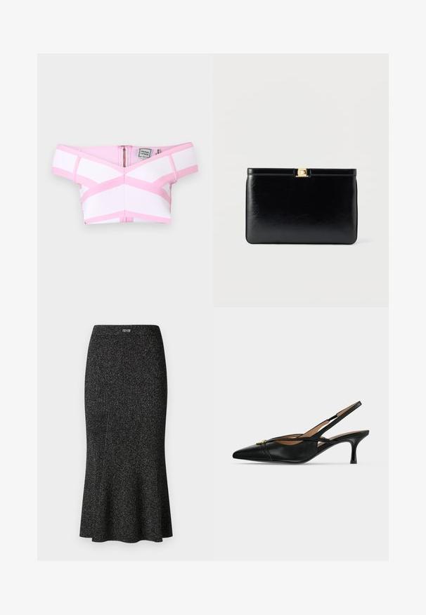 Biely a ružovo pruhovaný crop top s odhalenými ramenami, predným zipsom a viditeľnou značkou Herve Leger na jednofarebnom pozadí.; Čierna rebrovaná midi sukňa z elastického materiálu, so splývavým lemom, jemným leskom, elastickým pásom, s logom umiestneným blízko hornej časti.; Čierna kožená slingback obuv so špicatou špičkou, nízkym kitten podpätkom a zlatou prackou vpredu.; Čierna obdĺžniková listová kabelka z kože s malou zlatou obdĺžnikovou sponou na vrchu na jednoduchom svetlom pozadí.