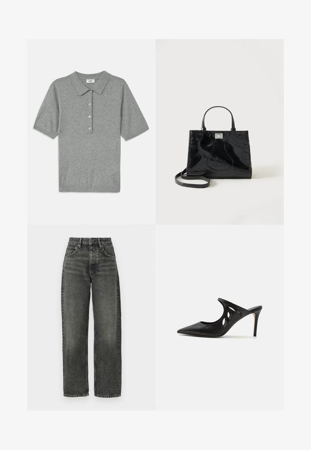 Grå polo t-shirt lavet af blødt, tekstureret stof med krave, korte ærmer og en knappelukning med fire knapper.; Won Hundred ALEXANDRA - Jeans Relaxed Fit - tinted black; Sorte læder højhælede mules med spids tå, udskåret sideskærm og glat tekstur. Stiletthæl og subtil syning.; Sort håndtaske i laklæder med afrundede håndtag, aftagelig skulderrem og sølvspænde på ensartet hvid baggrund.