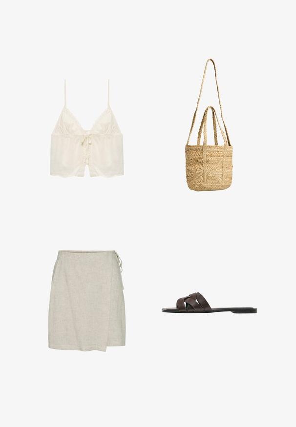 Kremfarvet ærmeløs crop-top med tynde stropper, blondekant langs halsudskæringen og fronten samt en lille sløjfe bundet i midten.; Lys beige linned omslagsnederdel med en tekstureret overflade, der har en bindelukning i siden og en lige kant.; Flad mørkebrun sandel med tre brede krydsende læderremme og en tynd sål.; Naturlig vævet stråtaske med to korte håndtag og en lang skulderrem, rektangulær form, beige farve, tekstureret mønster.