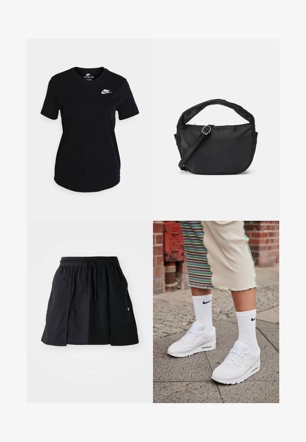 Čierne bavlnené tričko s krátkymi rukávmi, na hrudi s bielym logom Nike, okrúhlym výstrihom a rovnými lemami.; Čierna športová sukňa s elastickým pásom a nastaviteľnou šnúrkou. Obsahuje bočné rozparky, ľahkú látku a malú nášivku na leme.; Biele tenisky Nike Air Max 90 s vrchnou časťou z kombinácie sieťovaného a koženého materiálu, s viditeľnou vzduchovou jednotkou, v kombinácii s bielymi rebrovanými ponožkami s čiernym logom.; Čierna látková taška na rameno s prekrútenou rukoväťou, odnímateľným popruhom a zipsom na vrchnom uzáveru. Hladký povrch a minimalistický dizajn.