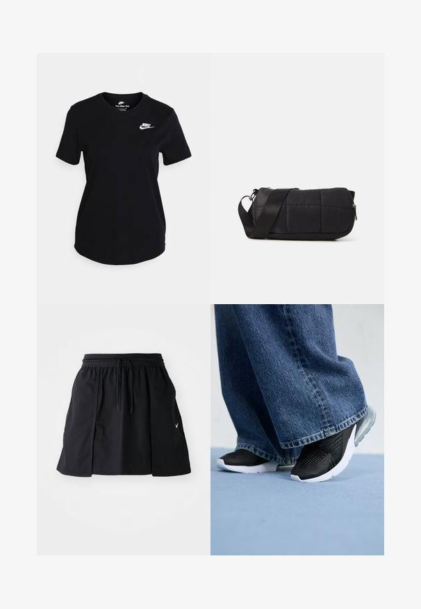 Sort bomulds t-shirt med korte ærmer, der har et hvidt Nike-logo på brystet, rund halsudskæring og en lige kantdesign.; Sort sportskørt med elastisk talje og justerbar snor. Har sideslids, letvægtsstof og et lille logo på kanten.; Sorte atletiske sko med mesh-detaljer, hvid sål og synlig luftpolstring, parret med blå denim bukser med vide ben.; Sort quiltet taske med cylindrisk form, lavet af blødt materiale. Har en sort rem og sølvhardware. Lynlås lukning.