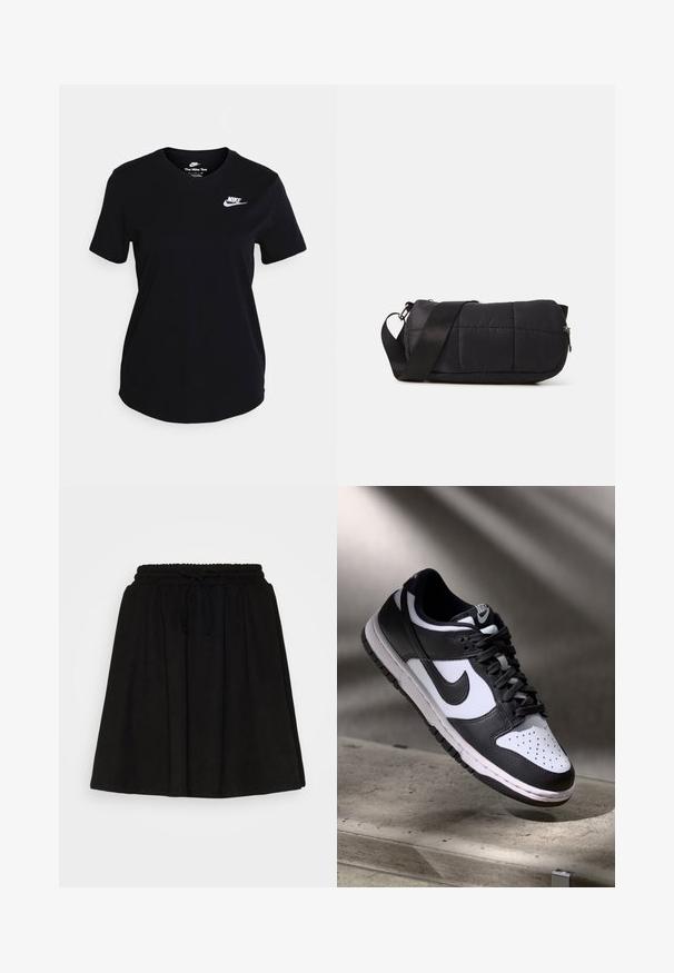 Čierne bavlnené tričko s krátkymi rukávmi, na hrudi s bielym logom Nike, okrúhlym výstrihom a rovnými lemami.; Čierna skater sukňa z mäkkej tkaniny, so širokým elastickým pásom a šnúrkou na stiahnutie. Rozšírený strih s hladkou textúrou.; Čierno-biele tenisky Nike Dunk Low s koženým zvrškom, perforovanou špičkou a čiernymi šnúrkami, so bielou podrážkou a logovými akcentmi.; Čierna prešívaná taška cylindrického tvaru, vyrobená z mäkkého materiálu. Obsahuje čierny popruh a strieborné kovanie. S uzatváraním na zips.