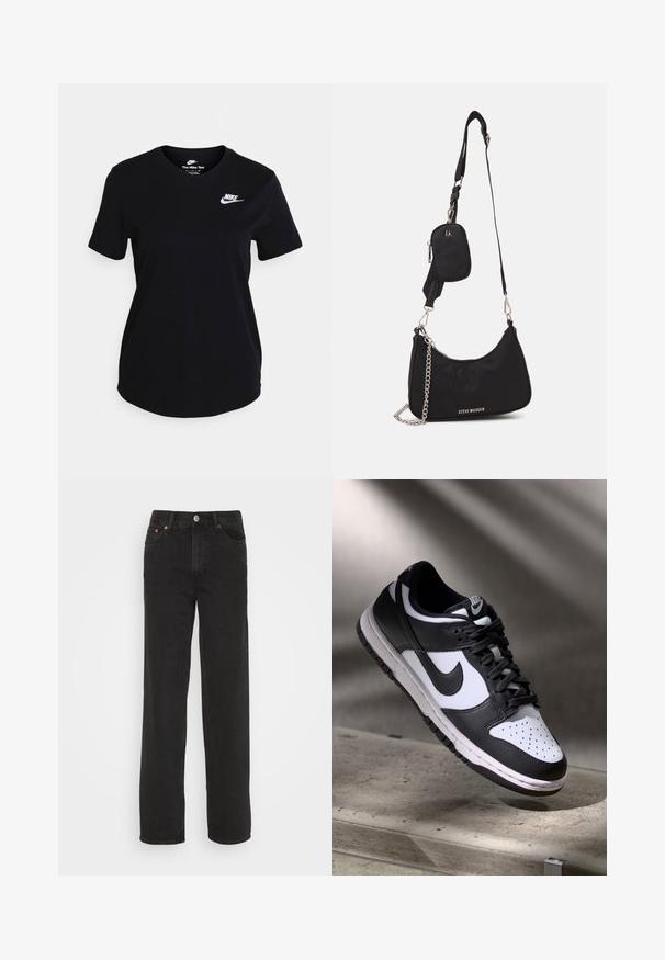 Zwarte katoenen T-shirt met korte mouwen, voorzien van een wit Nike-logo op de borst, ronde halslijn en een recht afgezette onderkant.; Zwarte rechte jeans met vijf zakken, een knoop aan de voorkant en riemlussen, weergegeven tegen een witte achtergrond.; Zwart-witte Nike Dunk Low sneaker met een leren bovenwerk, geperforeerde neus, en zwarte veters, met een witte zool en logo-accenten.; Zwarte nylon schoudertas met een gebogen vorm, zilveren kettingaccent, afneembaar mini-zakje en verstelbare schouderband; voorzien van het "Steve Madden" logo.