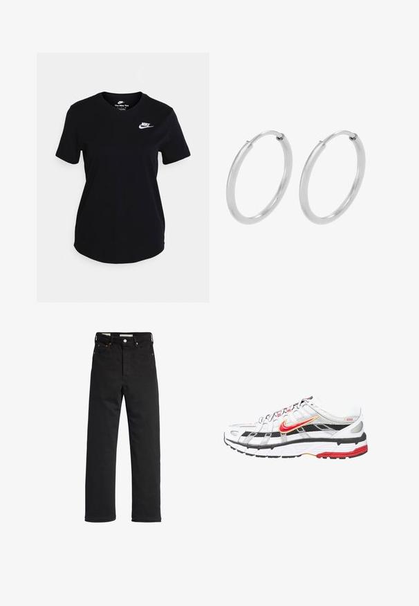 Čierne bavlnené tričko s krátkymi rukávmi, na hrudi s bielym logom Nike, okrúhlym výstrihom a rovnými lemami.; Čierne denimové džínsy so strihom rovného nohavice, s vysokým pásom, dizajnom s piatimi vreckami, kovovým zapínaním a minimálnymi prešívacími detailmi.; Biele a čierne športové topánky s červenými a zlatými akcentmi. Obsahujú sieťovinový zvršok, polstrovanú podrážku a bezpečný šnurovací dizajn.; Strieborné kruhové náušnice, oblého tvaru, hladký lesklý povrch a rovnomerná šírka po celom obvode. Minimalistický dizajn bez ďalších akcentov.