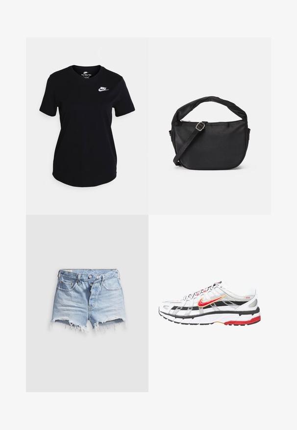 Zwarte katoenen T-shirt met korte mouwen, voorzien van een wit Nike-logo op de borst, ronde halslijn en een recht afgezette onderkant.; Lichtblauwe denim short met afgeknipte pijpen en rafelige zoom, vijf zakken en een knoopsluiting. De stof is zacht en heeft een licht versleten uitstraling.; Witte en zwarte sportschoenen met rode en gouden accenten. Beschikt over een mesh bovenwerk, een gevoerde zool en een veilige vetersluiting.; Zwarte stoffen schoudertas met een gedraaide handgreep, een afneembare schouderband en een ritssluiting aan de bovenkant. Gladde textuur en minimalistisch design.
