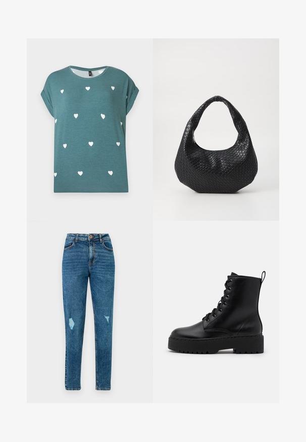 Petrolblauw shirt met korte mouwen, opgerolde manchetten, verspreide kleine witte hartjesprint en een ronde halslijn.; Blauwe skinny jeans met hoge taille, versleten details op de dijen en zakken, voorzien van een knoop- en ritssluiting.; Zwarte leren enkelboot met een dikke, gestructureerde zool, ronde neus en metalen oogjes voor veters. Voorzien van een lus aan de achterkant.; Zwarte geweven handtas met een gebogen handvat, met een gestructureerd oppervlak en een slouchy vorm. Gladde afwerking met een organische silhouette.