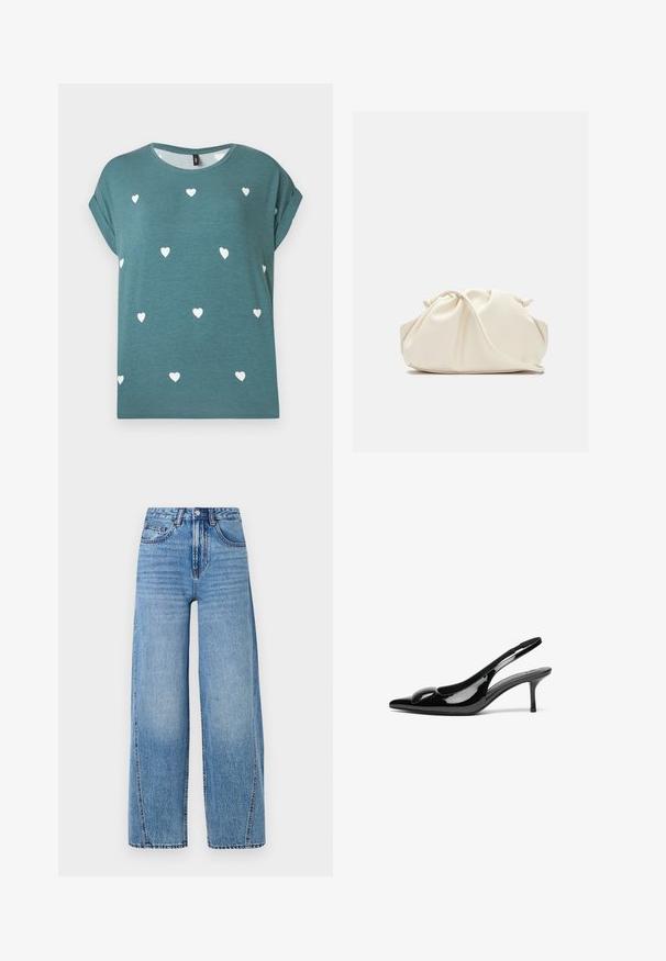 Tealfarbenes Kurzarmshirt mit aufgerollten Ärmeln, verstreuten kleinen weißen Herzmotiven und rundem Ausschnitt.; Hochtaillierte, hellblaue, weite Jeans mit Fronttaschen, Gürtelschlaufen, Knopfverschluss und sichtbaren Steppnähten.; Schwarze patentierte Slingback-Absätze mit spitzem Zehenbereich und glänzender Oberfläche. Besitzt einen schlanken Absatz und eine abgerundete Akzentuierung am Schuhoberteil.; Weiche, cremefarbene Leder-Clutch mit gerafftem Design und einem dünnen Schulterriemen, der vorne auf einem schlichten Hintergrund liegt.