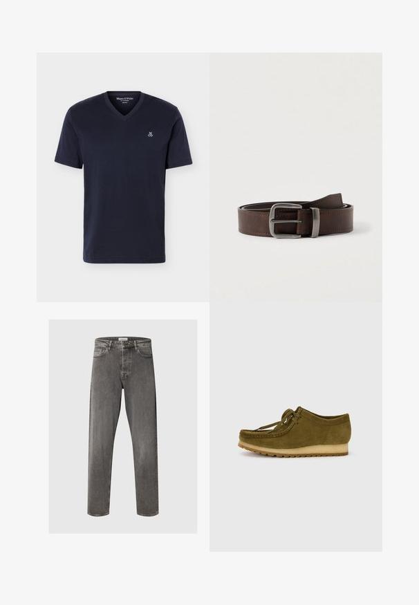 Navyblauw T-shirt met korte mouwen en V-hals, met een klein wit "M OP" logo op de linkerborst, regular fit, getoond op een witte achtergrond.; Rechte, vervaagde zwarte denim jeans met knoop aan de voorkant, ritssluiting, riemlussen en een ontwerp met vijf zakken.; Olijfgroene suède schoen met een ronde neus, vetersluiting en een lage, gestructureerde rubberen zool. Minimale stiknaad details langs de rand.; Donkerbruine leren riem met een zilveren rechthoekige gesp, opgerold en tegen een lichte neutrale achtergrond geplaatst.