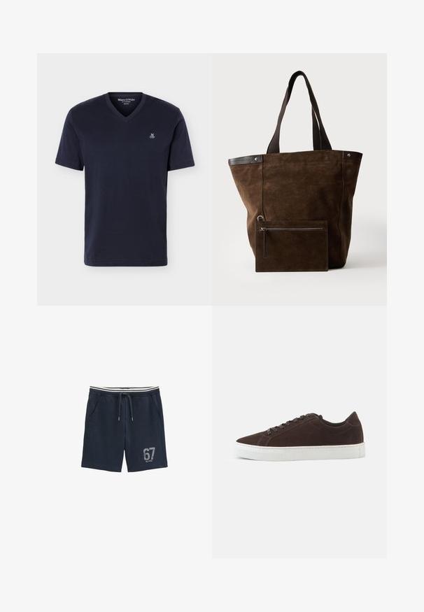 T-shirt bleu marine à manches courtes avec col en V et petit logo blanc "M OP" sur le côté gauche de la poitrine, coupe régulière, présenté sur fond blanc.; Short bleu marine avec ceinture élastique blanche à rayures, cordon de serrage, poches latérales et "67" gris imprimé sur la partie inférieure de la jambe gauche.; Baskets basses en daim marron foncé avec des lacets assortis et une semelle blanche épaisse en caoutchouc, présentées de profil sur un fond uni.; Sac cabas en daim marron foncé avec des poignées noires et une pochette rectangulaire zippée assortie fixée à l'avant.