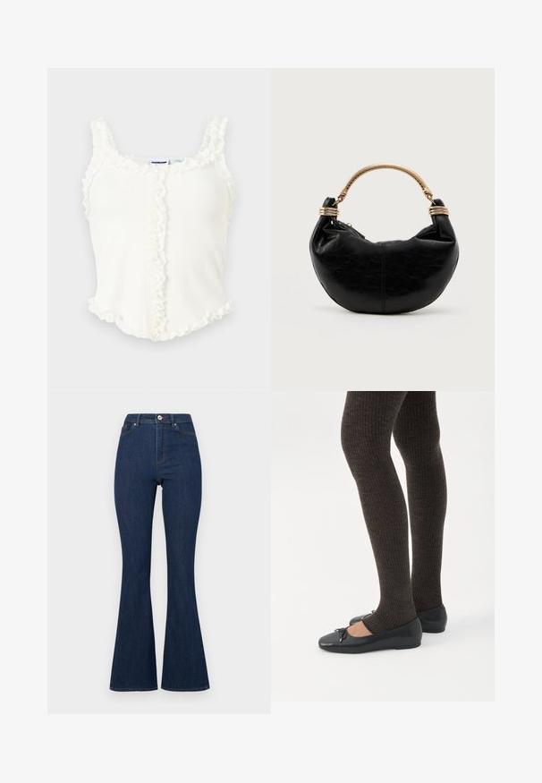 Hvid ribbet tanktop med flæsekant langs stropper, halsudskæring, forreste søm og nederkant, vist på en lys grå baggrund.; Mørkeblå denim flared jeans med høj talje, der har lynlås og knap samt diskret syninger langs sømmene.; Ben iført mørke ribbede leggings kombineret med sorte balletsko med små sløjfedetaljer på hvid baggrund.; Sort halvmåneformet håndtaske med tekstureret overflade og et guldtonet stift håndtag med spiral-lignende udsmykninger.