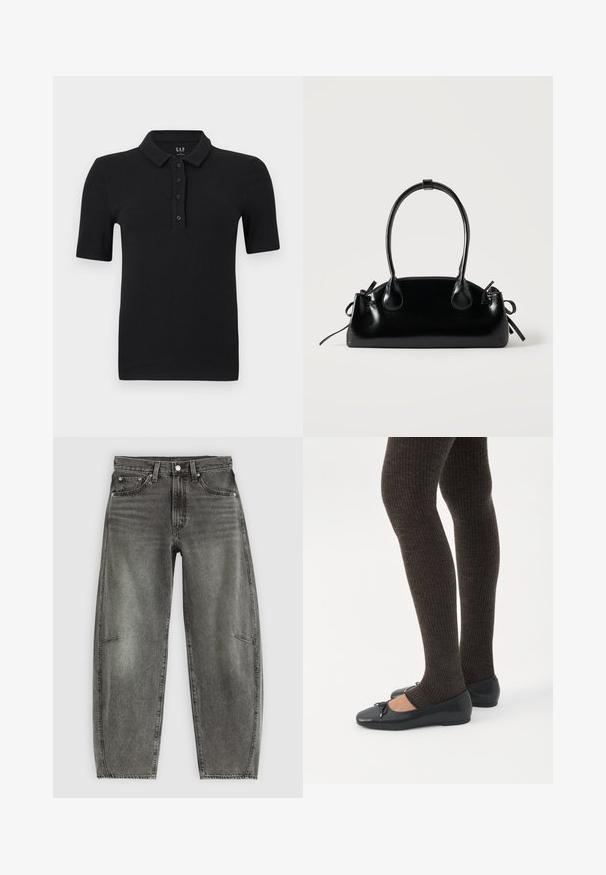 Polo negro de manga corta con tejido acanalado, cuatro botones y cuello doblado, colocado plano sobre fondo blanco.; Jeans de mezclilla gris deslavado de cintura alta con cinco bolsillos, cierre de botón y un corte recto relajado.; Piernas con leggings oscuros acanalados combinados con bailarinas negras que presentan pequeños detalles de lazo sobre un fondo blanco.; Pequeño bolso negro brillante con dos asas largas y detalles de cordón lateral sobre un fondo claro liso.