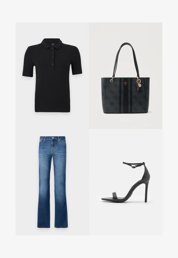 Schwarzes, kurzärmeliges, geripptes Poloshirt mit vier Knöpfen und einem umgeklappten Kragen, flach auf einem weißen Hintergrund liegend.; Blaue Denim-Jeans mit ausgestelltem Bein im klassischen Fünf-Taschen-Design, mit ausgewaschenem Look, goldfarbenen Nähten und einem Knopfverschluss an der Taille.; Schwarze High Heels Sandalen mit offener Zehe, dünnen Riemen und Knöchelverschluss. Glatte Ledertextur mit spitzem Zehendesign.; Schwarze Guess Tragetasche mit Monogramm-Muster, zwei Griffen und goldenen Logo-Anhängern, die an einem Griff hängen.