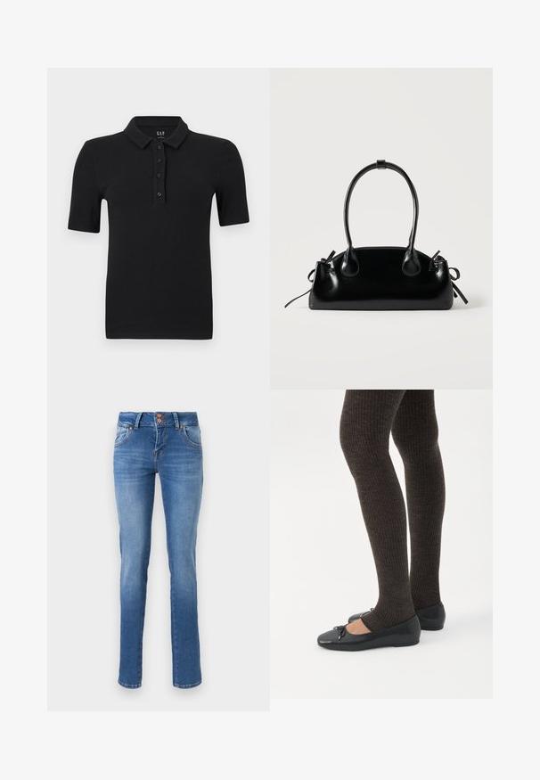 Polo noir à manches courtes côtelé avec quatre boutons et un col plié, posé à plat sur un fond blanc.; Jean slim en denim bleu avec deux poches avant, passants pour ceinture et fermeture à double bouton sur fond blanc.; Jambes portant des leggings côtelés foncés associés à des ballerines noires avec de petits détails en nœud sur fond blanc.; Petit sac à main noir brillant avec deux longues anses et des détails à cordon sur les côtés sur un fond clair uni.