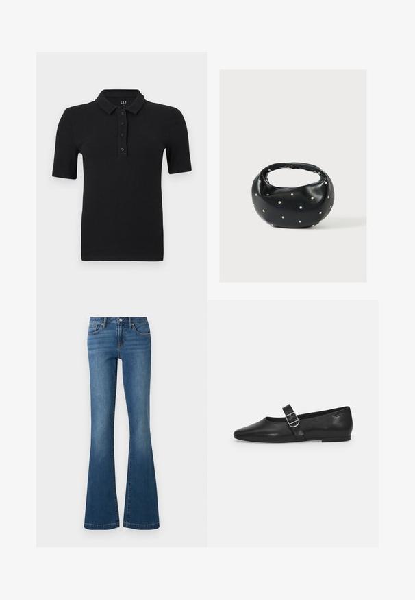 Polo noir à manches courtes côtelé avec quatre boutons et un col plié, posé à plat sur un fond blanc.; Jean en denim bleu avec une taille haute, bouton et fermeture éclair à l'avant, style cinq poches, jambes évasées sur fond uni.; Chaussure plate en cuir noir avec un bout arrondi, une seule sangle réglable à boucle et une texture lisse et brillante. Design minimaliste avec un petit talon.; Sac à main en cuir noir de forme arrondie, décoré de clous argentés et équipé d'une poignée courte. Texture lisse et fermeture éclair.
