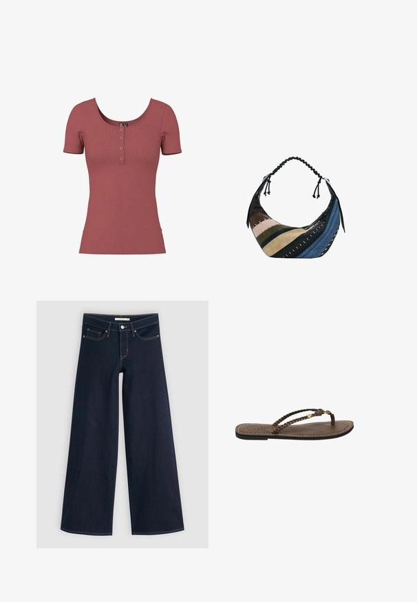 Camiseta de manga corta canalé en color rosa empolvado con escote redondo y cuatro pequeños detalles de botones en el centro delantero.; Jeans de pierna ancha en denim oscuro con costuras naranjas, cierre de botón, dos bolsillos frontales y una textura suave. Presenta un dobladillo limpio.; Sandalia plana de cuero marrón con tiras trenzadas y postigo para el dedo, costura blanca a lo largo del borde de la suela y detalle en tono dorado en la tira.; Desigual Bolso de mano - brown