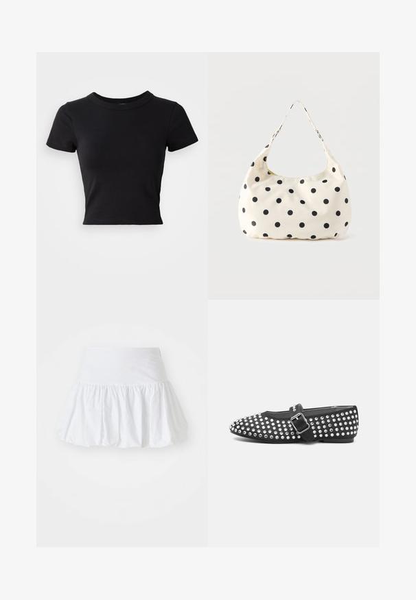T-shirt noire courte en coton solide, à manches courtes et col rond, avec un design lisse et simple.; Jupe évasée blanche fabriquée en tissu léger, avec un design froncé et une taille élastique pour le confort. Pas de motifs ni d'accents visibles.; Chaussure plate noire à bout arrondi, dotée d'un design studded avec des accents métalliques et d'une sangle à boucle sur le cou-de-pied.; Sac à main en tissu crème avec des pois noirs et une seule bandoulière, présenté sur un fond blanc uni.