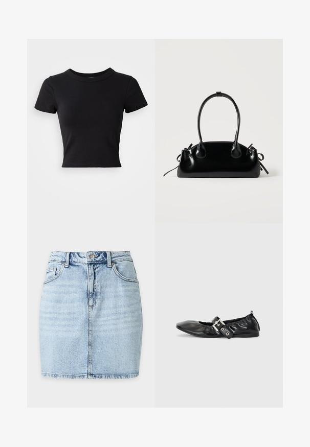 Sort cropped t-shirt lavet af solid bomuld, med korte ærmer og rund halsudskæring, med et glat og enkelt design.; Lyseblå denim mininederdel med frontknap, bæltestropper, to forlommer og synlig lodret søm ned langs midten.; Sorte læder flade sko med spids tå, samling detaljer omkring åbningen, og en sølv spænde accent på den justerbare rem.; Lille sort blank håndtaske med to lange håndtag og snøre-detaljer i siden på en ensfarvet lys baggrund.