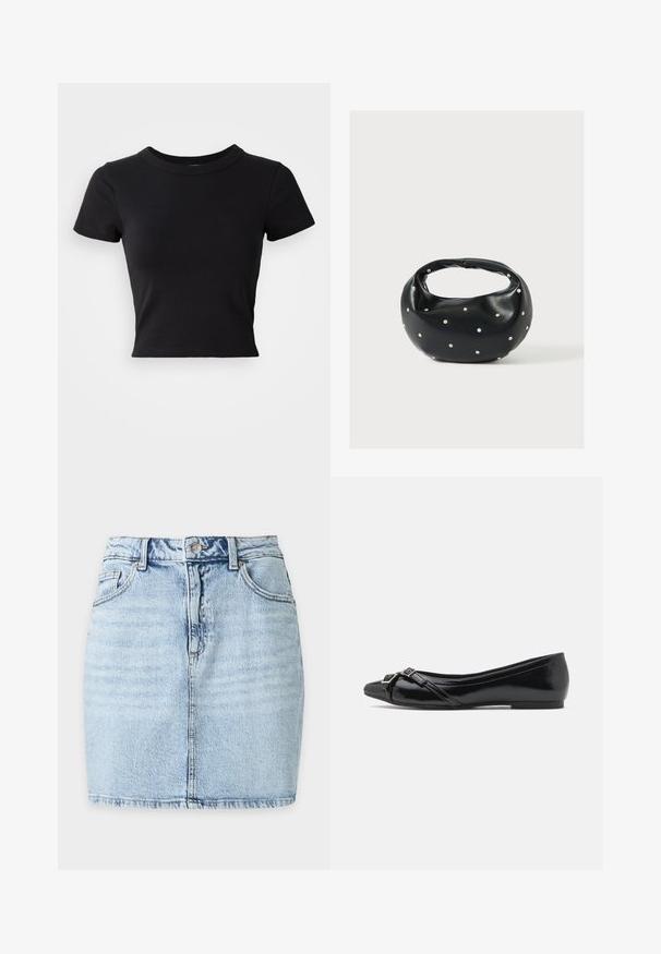 Camiseta corta negra hecha de algodón sólido, con mangas cortas y un cuello redondo, de diseño suave y sencillo.; Minifalda vaquera azul claro con botón delantero, trabillas, dos bolsillos frontales y costura vertical visible en el centro.; Bailarinas de charol negro con punta afilada, que cuentan con correas en forma de cruz y un pequeño detalle de hebilla plateada en la parte delantera.; Bolso de mano de cuero negro con forma redondeada, decorado con detalles de tachuelas plateadas y un asa corta. Textura lisa y cierre con cremallera.