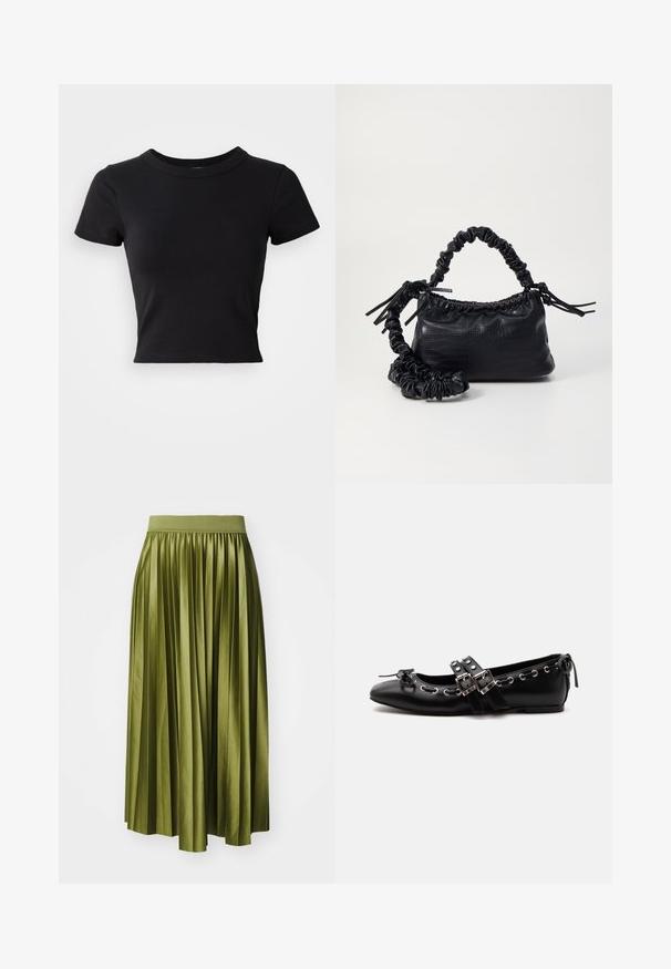 Schwarzes, cropped T-Shirt aus festem Baumwollstoff, mit kurzen Ärmeln und rundem Halsauschnitt, das ein glattes und einfaches Design aufweist.; Faltenrock in Midi-Länge aus olivgrünem Satin, mit einem breiten, elastischen Bund und einer fließenden Silhouette mit vertikalen Falten.; Schwarzer flacher Ballettschuh mit doppelten Schnallenriemen, silbernen Ösen und einer kleinen Schleife nahe der abgerundeten Spitze auf weißem Hintergrund.; Schwarze Handtasche aus Kunstleder mit Krokodilstruktur, gerafftem oberen Teil und einem geschoppten Tragegurt. Sie wirkt weich und kompakt im Design.