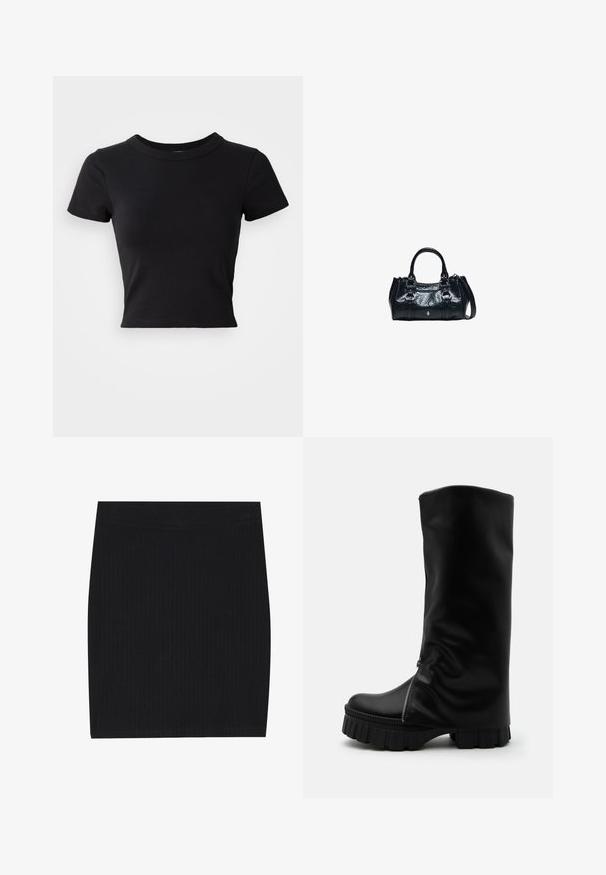 Sort cropped t-shirt lavet af solid bomuld, med korte ærmer og rund halsudskæring, med et glat og enkelt design.; Sort ribbet strikket mini nederdel med et tætsiddende design, glat tekstur og en elastisk talje for komfort.; Høj sort læderstøvle med tyk rillede sål og lynlås, der løber lodret langs forsiden, sat mod en ensfarvet baggrund.; Sort læderhåndtaske med to top håndtag, dekorative spænder og en aftagelig skulderrem på hvid baggrund.