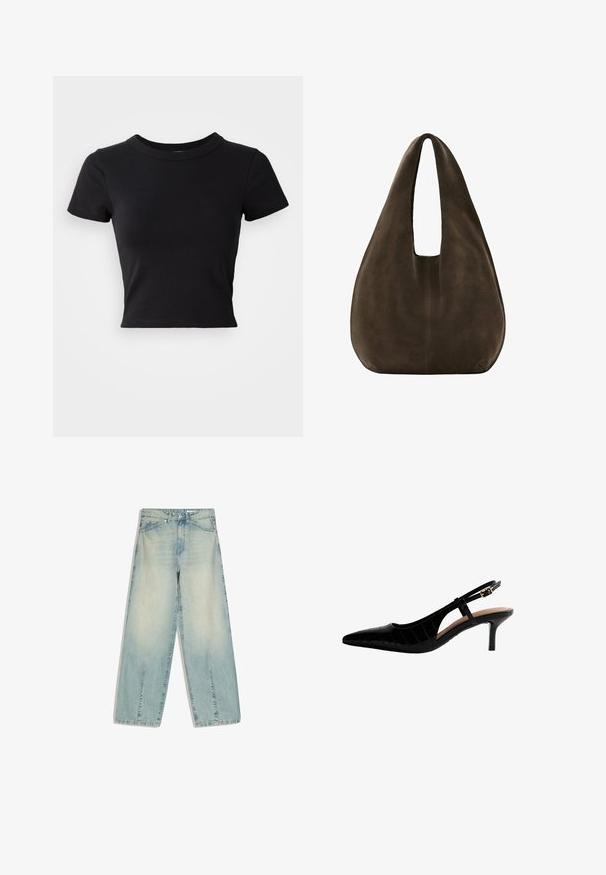 Zwart cropped t-shirt van stevige katoen, met korte mouwen en een ronde halslijn, met een glad en eenvoudig ontwerp.; Lichtblauwe wijde denimbroek met voorzakken, riemlussen, knoopsluiting en subtiele vervaagde details.; Zwarte slingback hoge hak schoen met een spitse neus, krokodillenstructuur, dunne hak en een gespsluiting aan de zijkant.; Zachte donkerbruine suède hobo tas met een brede enkele schouderriem en afgeronde onderkant op een witte achtergrond.
