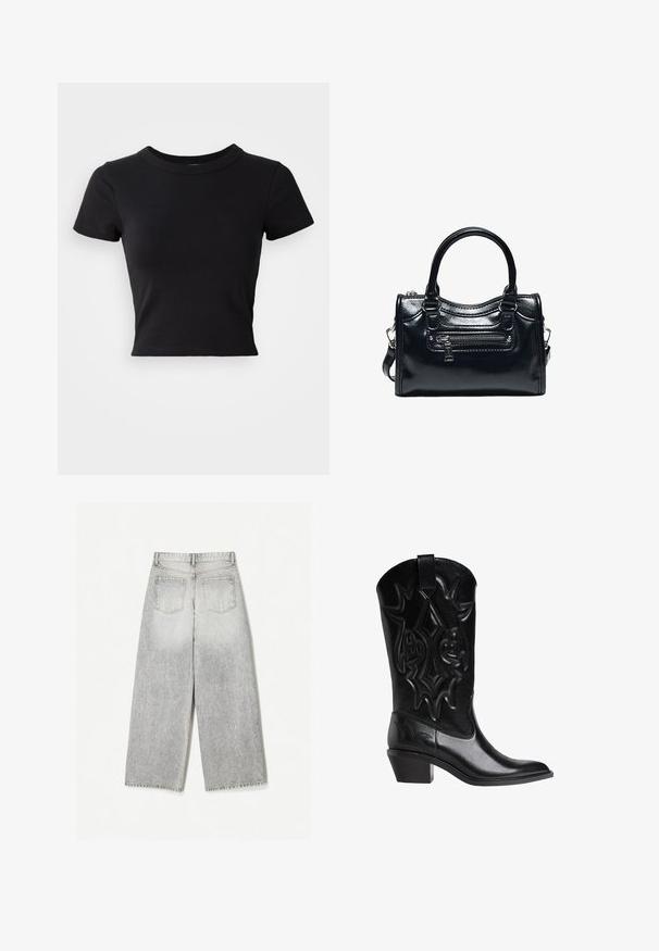 Schwarzes, cropped T-Shirt aus festem Baumwollstoff, mit kurzen Ärmeln und rundem Halsauschnitt, das ein glattes und einfaches Design aufweist.; Hellegraue Denim-Jeans mit weitem Bein und einem verwaschenen Finish, ausgestattet mit zwei Gesäßtaschen und einem rohen Saum.; Schwarze Leder-Cowboy-Stiefel mit gestickten Dekormustern, spitzem Zeh, schrägem Mittelabsatz und Zugschlaufe oben am Schaft.; Schwarze glänzende Lederhandtasche mit zwei Griffen, vorderer Reißverschlusstasche und abnehmbarem Schulterriemen auf weißem Hintergrund.