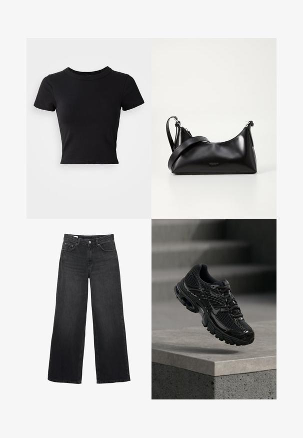 Schwarzes, cropped T-Shirt aus festem Baumwollstoff, mit kurzen Ärmeln und rundem Halsauschnitt, das ein glattes und einfaches Design aufweist.; Schwarze Jeans mit weitem Bein und hoher Taille, vorne mit Knopf- und Reißverschluss, Gürtelschlaufen und Fünf-Taschen-Design.; Schwarzer Nike Laufschuh mit Mesh- und Synthetik-Obermaterial, der über einer Betonfläche und Treppen im Hintergrund schwebt.; Schwarze lederne Handtasche mit glatter Textur. Verfügt über einen verstellbaren Riemen und ein elegantes, minimalistisches Design mit einem Reißverschluss.