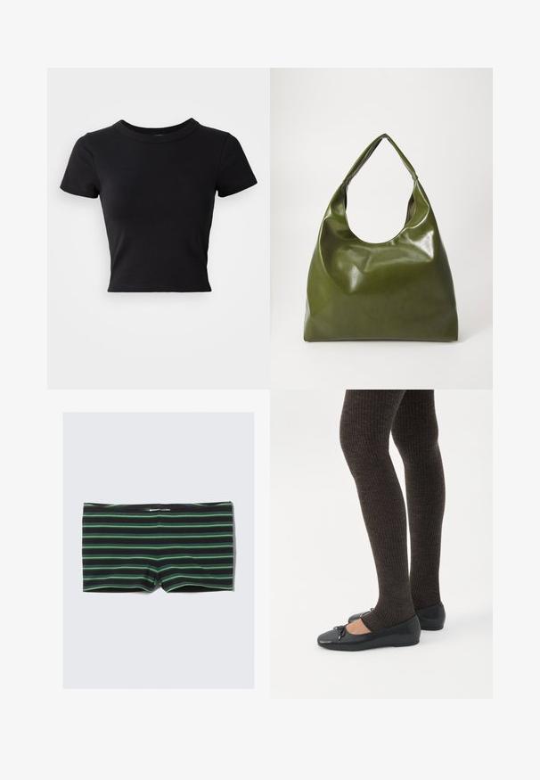 T-shirt noire courte en coton solide, à manches courtes et col rond, avec un design lisse et simple.; Shorts de bain noirs à rayures horizontales vertes. Fabriqués en tissu extensible, ils disposent d'une taille sans coutures et d'une coupe ajustée.; Jambes portant des leggings côtelés foncés associés à des ballerines noires avec de petits détails en nœud sur fond blanc.; Sac hobo en cuir vert au design décontracté, avec une poignée incurvée et une texture lisse. Ne contient aucun matériel ou accent visible.