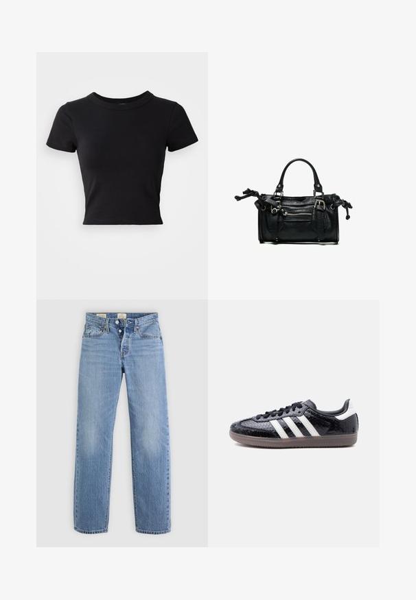 Schwarzes, cropped T-Shirt aus festem Baumwollstoff, mit kurzen Ärmeln und rundem Halsauschnitt, das ein glattes und einfaches Design aufweist.; Helle blaue Denim-Jeans mit geradem Bein, Metallknopfverschluss, vorderen Taschen und dezenten Verwaschungen.; Schwarzer Sneaker mit flachem Profil und texturiertem Schlangenledermuster, weißen Streifen an der Seite, schwarzen Schnürsenkeln und einer durchscheinend braunen Sohle.; Schwarze Lederhandtasche mit zwei Griffen, vorderer Reißverschlusstasche, Schnallendetails und verknoteten Kordelseiten vor weißem Hintergrund.