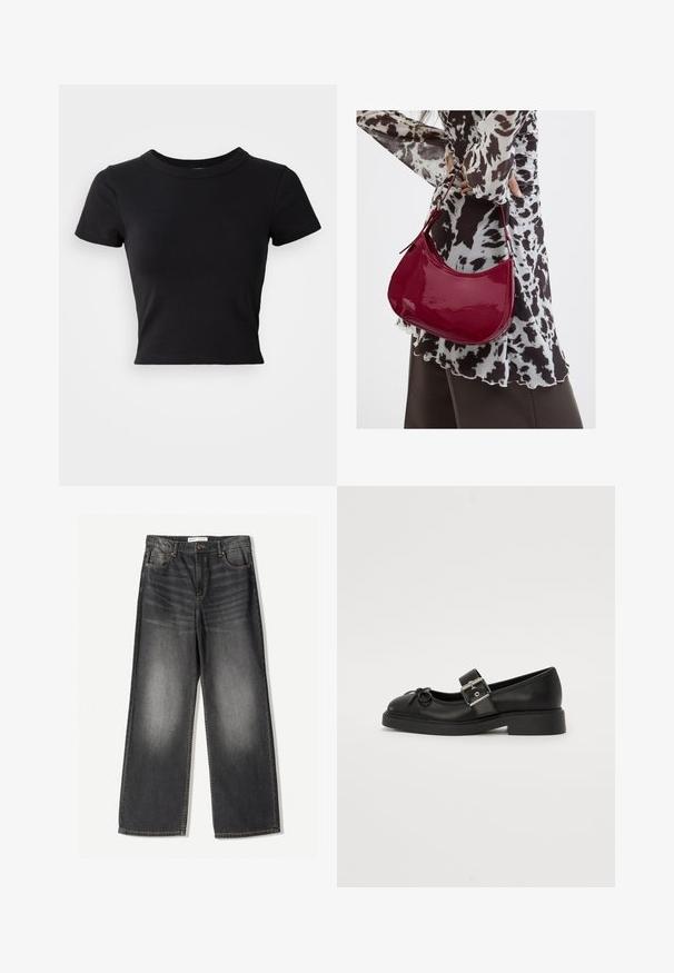 Sort cropped t-shirt lavet af solid bomuld, med korte ærmer og rund halsudskæring, med et glat og enkelt design.; Mørkegrå brede jeans lavet af denim, med fem lommer, en frontlynlås og kontrastfarvet syninger langs sømmene.; Sort læder Mary Jane-sko med rund tå, ankelrem og sølv spænde detalje. Har en flad, chunky sål og en sløjfe akcent.; Kvinde iført en sort- og hvidmønstret bluse, der holder en blank rød skuldertaske mod en ensfarvet baggrund.