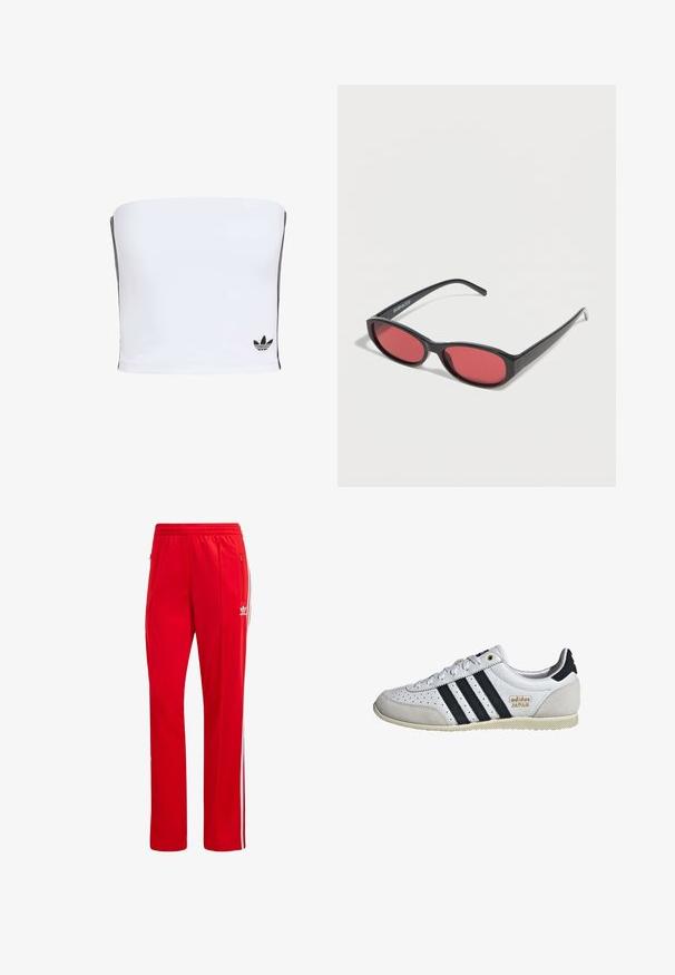 Witte bandeau-top gemaakt van rekbaar materiaal. Bevat zwarte zijstrepen en een klein zwart logo aan de onderrand. Glad van textuur.; Rode sportieve broek van polyester, met witte zijstrepen en een elastische tailleband. Inclusief ritszakken voor opslag.; Witte sneaker met zwarte strepen en gouden branding. Bevat suède en leren materialen, geperforeerde bovenkant en een getextureerde rubberen zool.; Zwarte ovale zonnebril met slanke pootjes en rood getinte glazen, rustend op een witte ondergrond.