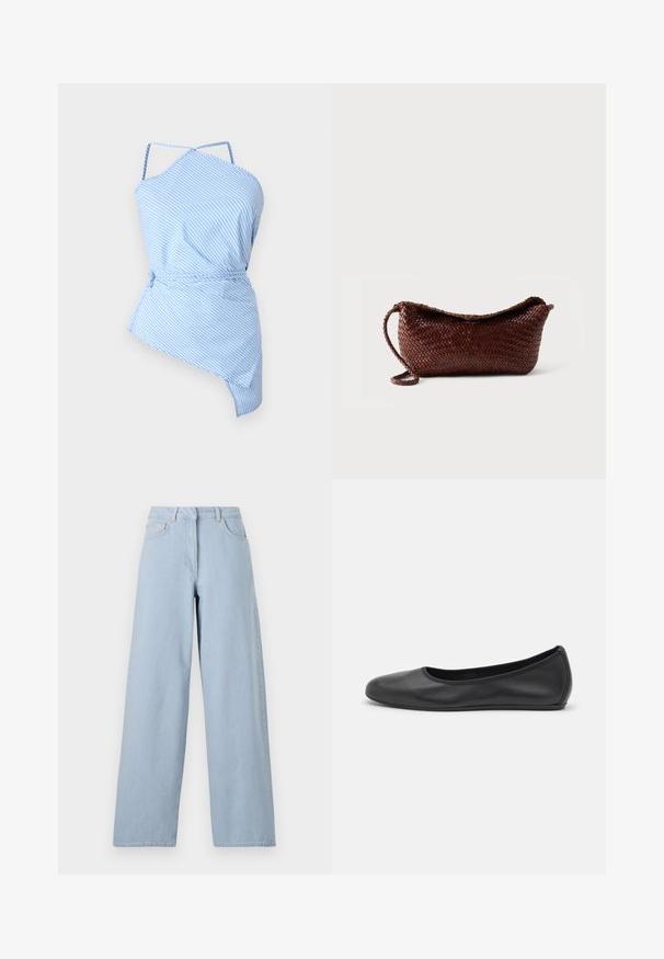 Blauw-wit gestreepte top met een asymmetrische snit, dunne bandjes en een trekkoord in de taille voor een verstelbare pasvorm. Lichtgewicht stof met een gladde textuur.; REMAIN COCOON PANTS - Wide leg - light blue; Zwarte leren ballerina met een ronde neus, gladde textuur, minimale stikdetails en een flexibele zoolontwerp.; Bruine leren gevlochten tas met een enkele riem en een gebogen bovenkant tegen een effen witte achtergrond.