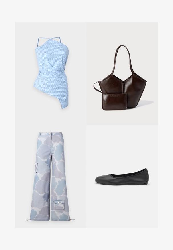 Blauw-wit gestreepte top met een asymmetrische snit, dunne bandjes en een trekkoord in de taille voor een verstelbare pasvorm. Lichtgewicht stof met een gladde textuur.; Wijdvallende cargobroek in een lichtblauwe en grijze wolkenpatroon, met een zijzak en een verstelbare trekkoord aan de onderkant.; Zwarte leren ballerina met een ronde neus, gladde textuur, minimale stikdetails en een flexibele zoolontwerp.; Donkerbruine leren handtas met dubbele handvatten, vergezeld door een bijpassend rechthoekig tasje met polsbandje.