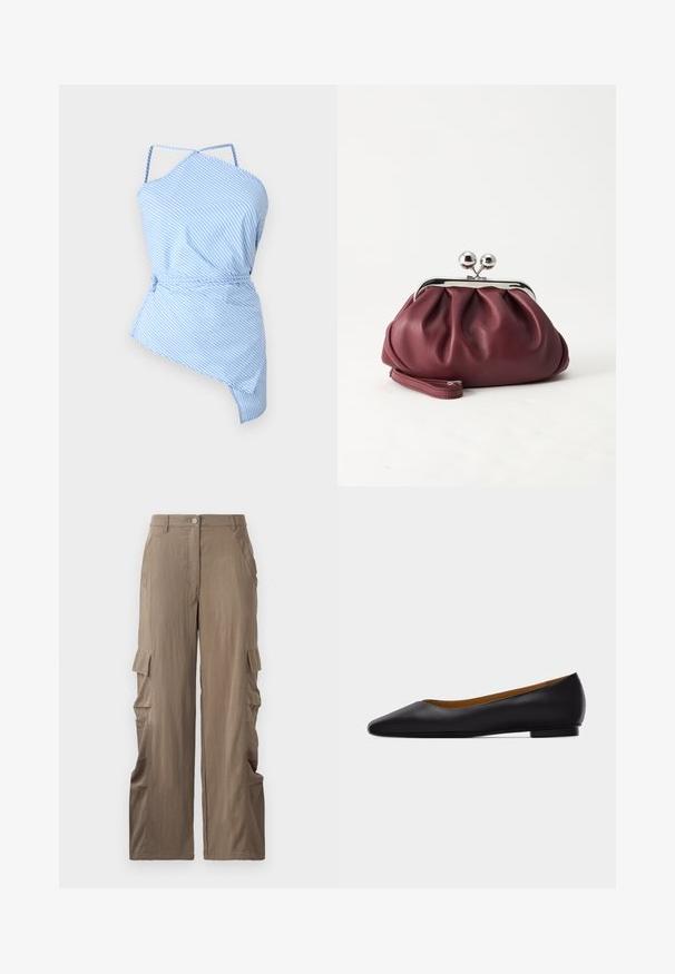 Haut rayé bleu et blanc avec une coupe asymétrique, des fines bretelles et une taille à cordon de serrage pour un ajustement réglable. Tissu léger avec une texture lisse.; Pantalons cargo en tissu beige clair, avec une coupe droite, deux poches latérales et deux poches cargo sur les cuisses.; Chaussure plate en cuir noir à bout pointu avec talon bas et finition lisse, vue de côté sur un fond gris clair.; Petit sac pochette en cuir bordeaux avec fermoir métallique argenté et bracelet sur fond blanc.