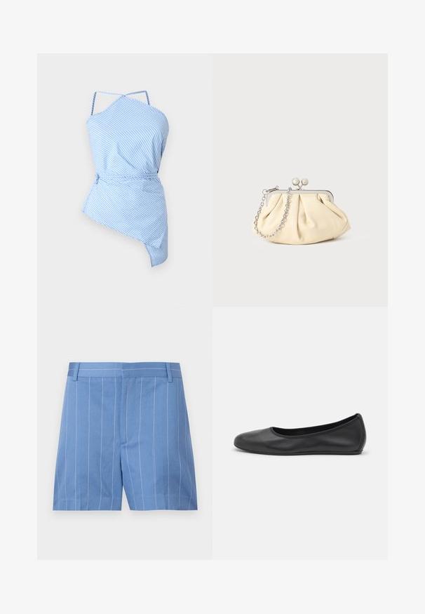Haut rayé bleu et blanc avec une coupe asymétrique, des fines bretelles et une taille à cordon de serrage pour un ajustement réglable. Tissu léger avec une texture lisse.; Shorts bleu clair avec des rayures verticales blanches, présentant une texture lisse, un devant plat et une taille standard avec des passants de ceinture.; Ballerines en cuir noir avec un bout rond, texture lisse, détails de couture minimalistes et design de semelle flexible.; Pochette en cuir beige plissé avec un cadre en métal argenté, dotée de deux fermoirs ronds décoratifs et d'une chaîne en argent.