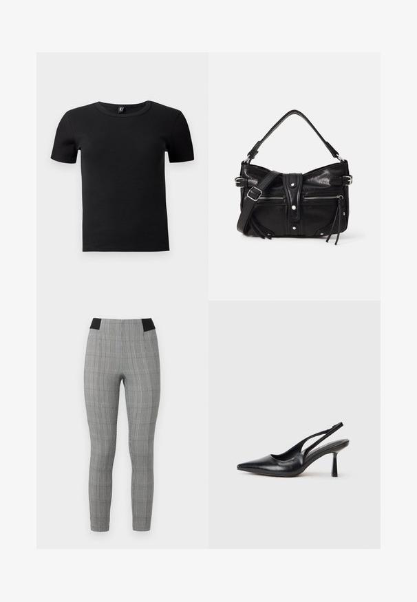 Sort kortærmet t-shirt lavet af ribbet stof. Har en klassisk rund hals og en tætsiddende silhuet. Ingen yderligere accenter.; Grå ternede leggings med en tætsiddende pasform, der har en sort elastisk talje og sidelommer. Tekstureret stof med et ternet mønster.; Sort læderslagback højhælet sko med spids tå og slank hæl på en hvid baggrund.; Even&Odd H24462 - Håndtasker - black