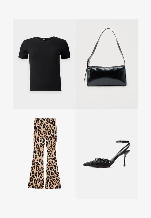 T-shirt noir à manches courtes en tissu côtelé. Doté d'un col rond classique et d'une silhouette ajustée. Sans accents supplémentaires.; Pantalons évasés imprimés léopard avec une texture côtelée, de couleur beige et noire, présentant des motifs de taches variés sur l'ensemble du tissu.; Chaussure à talon haut noire à bout pointu, bords festonnés, œillets métalliques, lacets à l'avant et bride de cheville avec fermeture à boucle.; Sac d'épaule rectangulaire noir avec une sangle réglable unique et une fermeture éclair supérieure sur un fond uni.